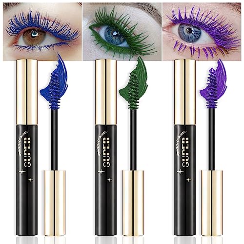 3 Color Colored Mascara for Eyelashes Set,Colorful Waterproof Mascara for eyelashes Long lasting Charming Voluminous Mascara for Women Cruelty Free Vegan Eye Makeup(Blue &Green &Purple)