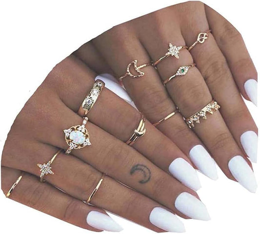Yheakne Boho Rings Set Gold Rhinestone Knuckle Rings Stacking Crystal Midi Finger Rings Fashion Rings Accessories for Women and Teen Girls