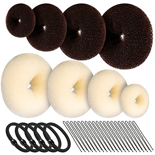 FANDAMEI 8pcs Hair Donut Bun Maker, Hair Bun Maker Set with 4pcs Dark Brown &4pcs Beige Donut Bun Makers (2 extra-large, 2 large, 2 medium and 2 small), 5 pieces Hair Elastic Bands,20 pieces Hair Pins