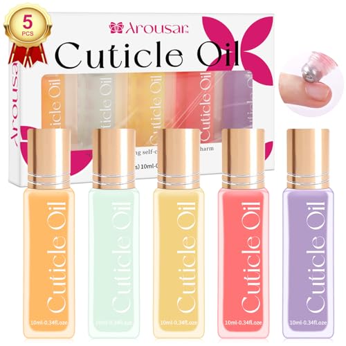 Arousar Cuticle Oil, 5pcs 10ml Nail Oils Set Rollerball Applicator for Nails Natural Cuticle Care Kit Essential Oils for Nails Smoothing, Nourishing, and Moisturizing, Sweet Almond