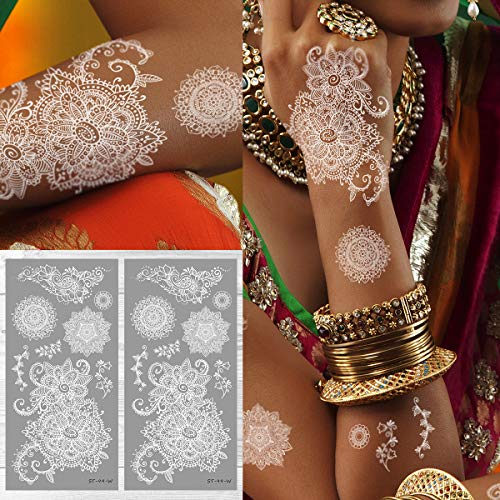 Supperb® White Temporary Tattoos - Inspired Henna III Mandala Henna Healing Yoga Meditation White Henna Tattoo (Set of 2)