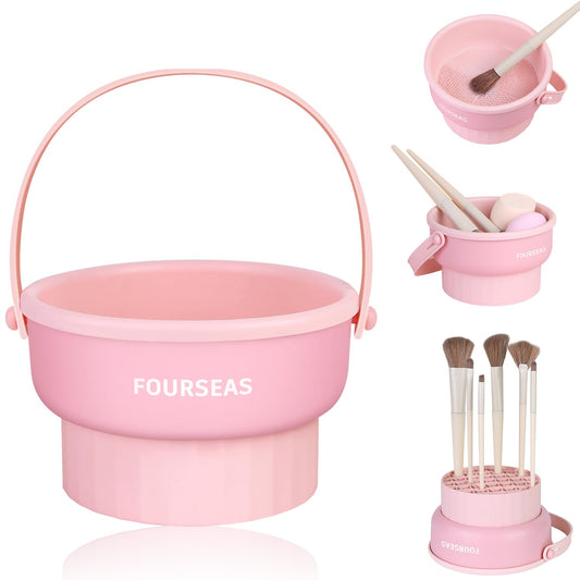 3-in-1 Makeup Brush Cleaner, Mutifunction Silicone Makeup Brush Cleaning Mat Bowl, Cosmetic Brushes Holder Cleaning Tool Organizer for Storage & Air Drying(Pink)