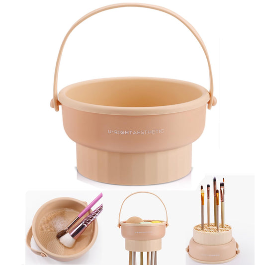 UPTOZOBLY 3 in 1 Brush Cleaning Mat with Brush Drying Holder, Silicone Makeup Brush Cleaner Mat Make Up Brush Cleaning Bowl Cosmetic Brush Washing Tool for Makeup Brush, Sponge, Powder Puff (Khaki)