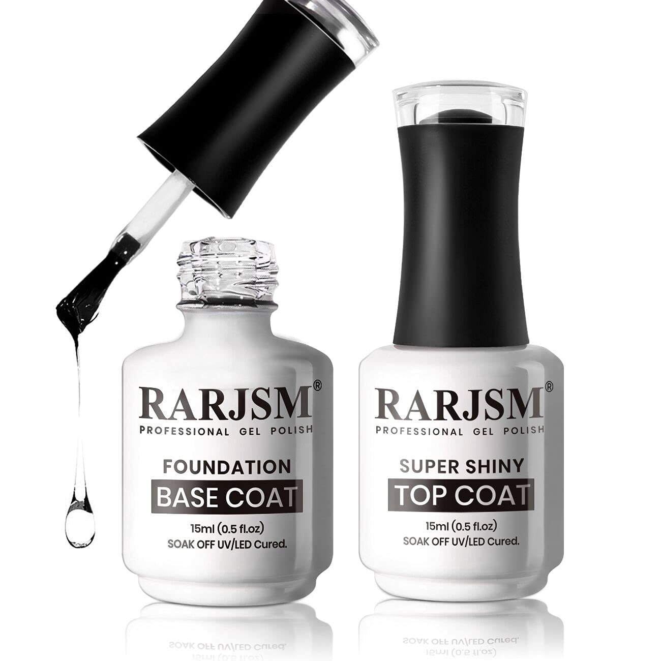 RARJSM Base and Top Coat Clear Shine Glossy Mirror Long Lasting Nail Art Gel Polish 15ml Big Capacity Soak Off 2pcs Set LED UV Curing Requires for Home Salon DIY Nail Manicure