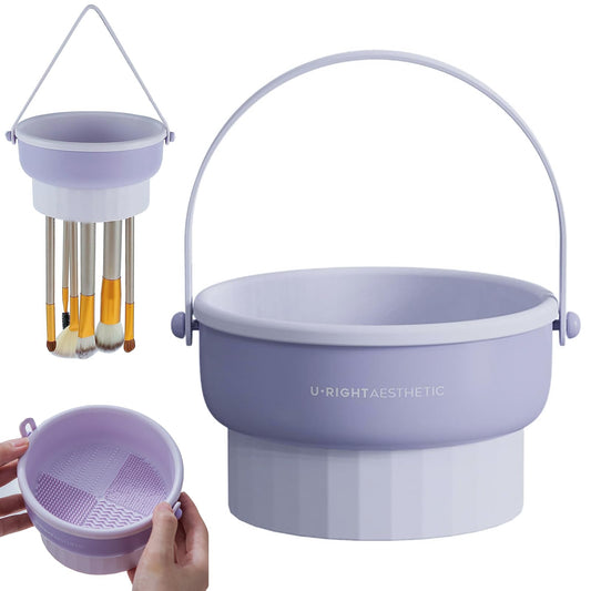 AREMOD Silicone Makeup Brush Cleaner Make Up Brush Cleaner Cleanser Bowl&Hanging Drying Basket Net Cleaning Box for Makeup Sponge,Puffs Brush Cleaning Drying and Storage(Purple)
