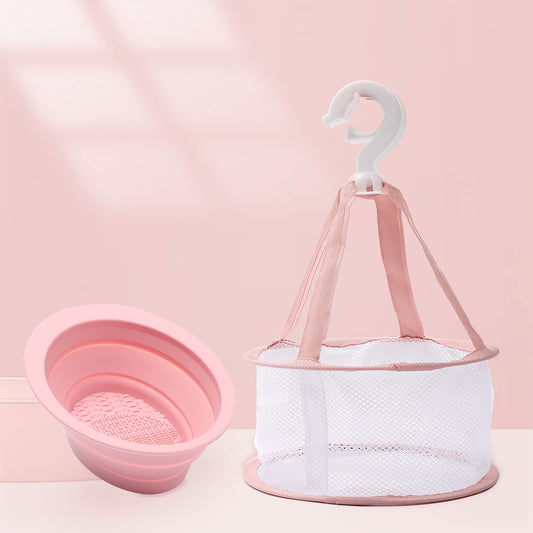 Silicone Makeup Brush Cleaning Pad Scrubber, Foldable Cosmetic Brush Cleaner Bowl with Folding Brushes Drying Rack Net, Portable Washing Tool & Hanging Mesh Dryer Suitable for Makeup Brush,Sponge Eggs