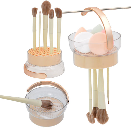 Rebex Makeup Brush Cleaning Mat and Easy to Dry with Upside Down.3 in 1 Makeup Brush Holder Cosmetic Facial Brush Organizer Cleaner for Storage & Air Dry(No Lid, Cream Color)