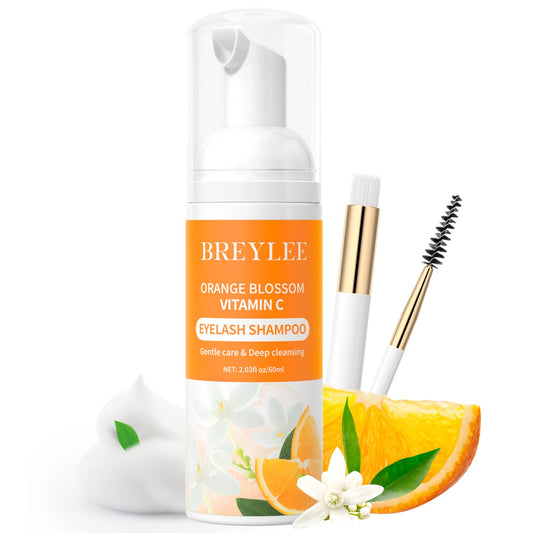 Eyelash Extension Cleanser Brelyee Orange Blossom Lash shampoo 60ml + Brush, Eyelash Wash for Extensions, Lash Cleanser, Lash Bath, Lash Cleaner, Paraben & Sulfate Free for Professional & Self Use