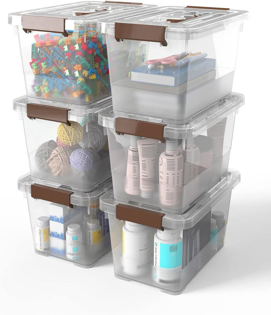 6-Pack Clear 7 Quart Storage Latch Box/Bins, Plastic Stackable Latching Box with Brown Handle and Lid, Multi-Purpose, 7 Litre