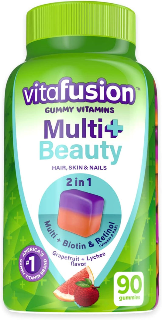 Vitafusion Multivitamin Plus Beauty Ð 2-in-1 Benefits Ð Adult Gummy with Hair, Skin & Nails Support (Biotin & Retinol Ð Vitamin A RAE) Daily, 90 Count