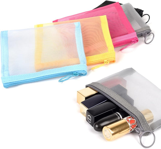 patu Mini Zipper Mesh Bags, 4" x 5", Size S / A7, 5 Pieces, Beauty Makeup Lipstick Cosmetic Accessories Organizer, Small Travel Kit Storage Pouch, Assorted Colors