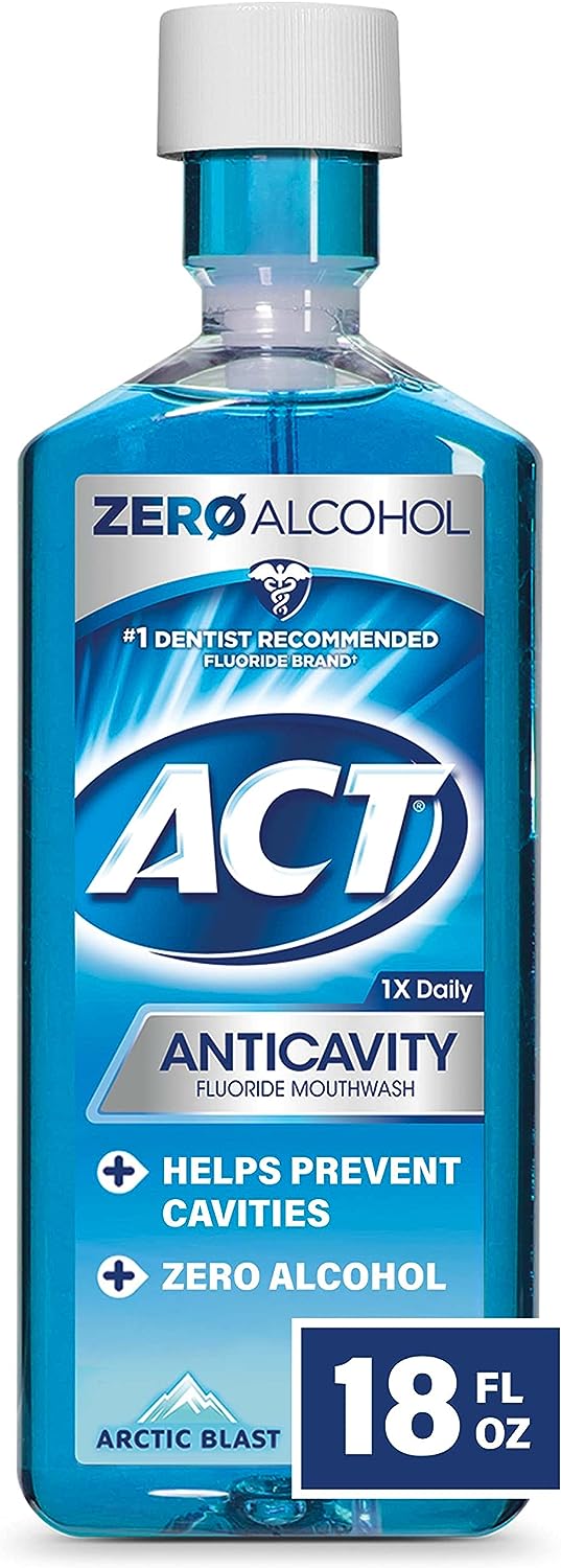 ACT Anticavity Zero Alcohol Fluoride Mouthwash 18 fl. oz., With Accurate Dosing Cup, Arctic Blast