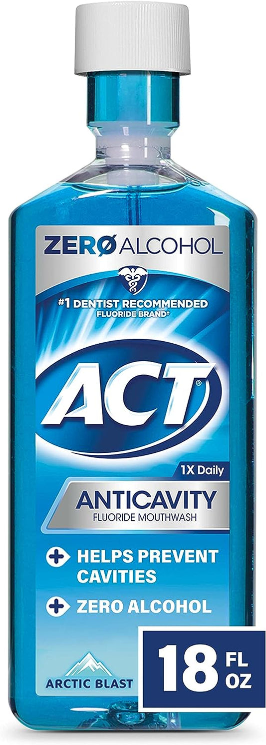 ACT Anticavity Zero Alcohol Fluoride Mouthwash 18 fl. oz., With Accurate Dosing Cup, Arctic Blast