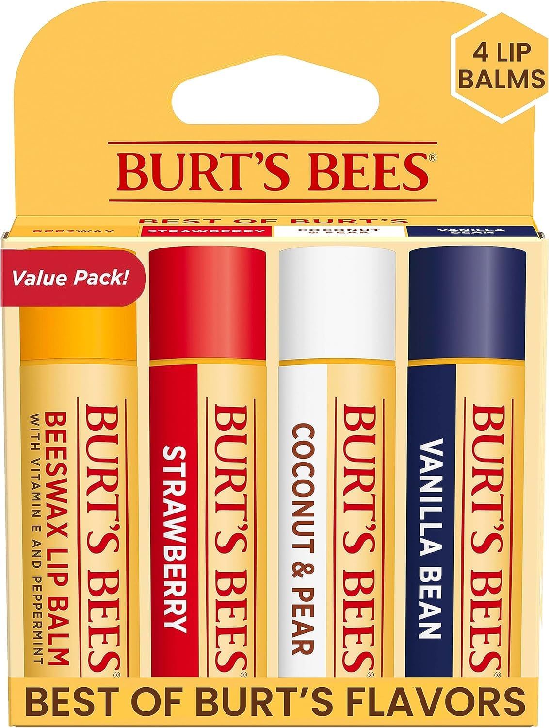Burt's Bees Beeswax, Strawberry, Coconut and Pear, and Vanilla Bean Lip Balm Pack, With Responsibly Sourced Beeswax, Tint-Free, Natural Lip Treatment, 4 Tubes, 0.15 oz.