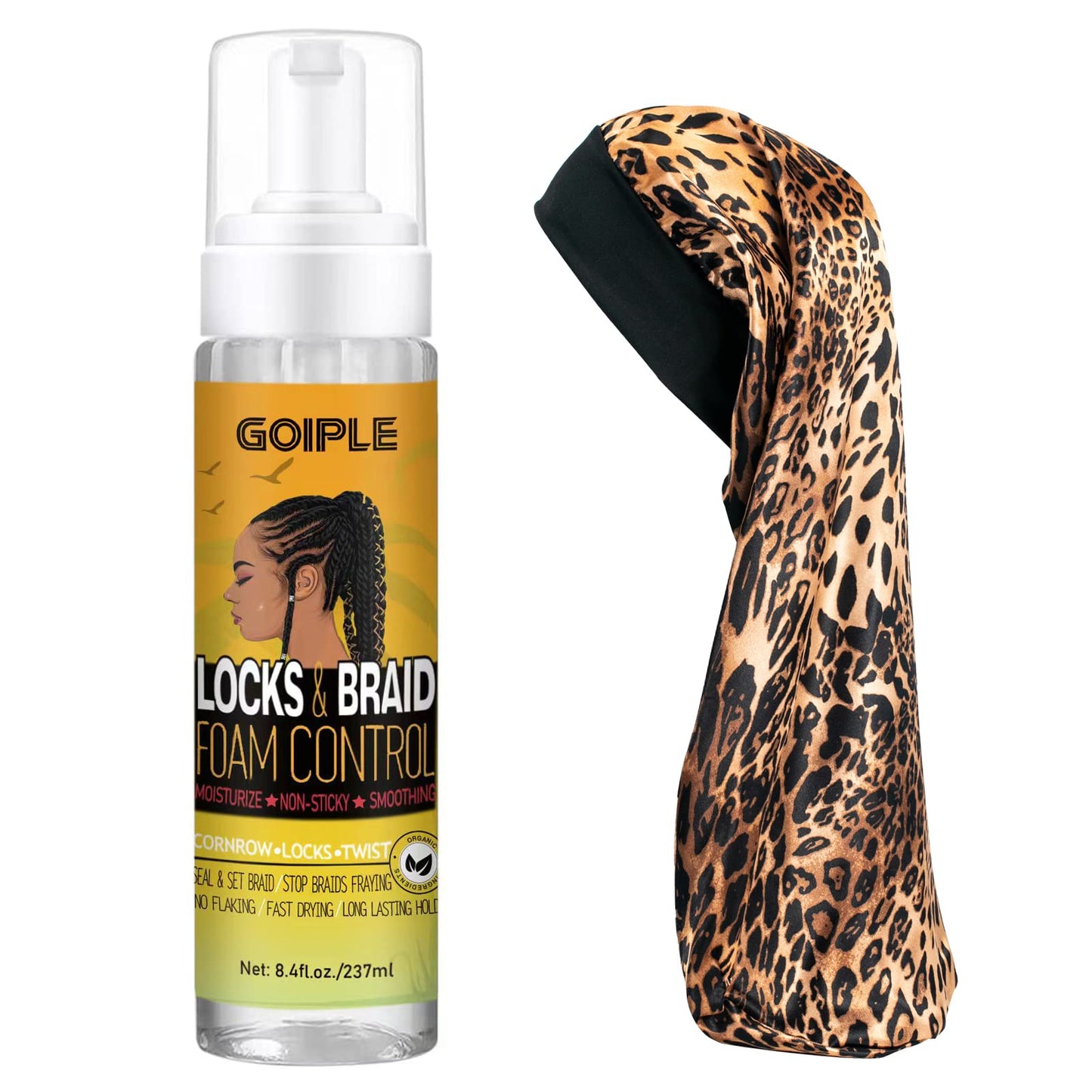 Braid Mousse Hair Braiding Mousse for Braids Twist, Locs, No Flake Extra Hold High Shine and Moisturizes, Frizz Control, High Shine, Lightweight Easy to Apply with Leopard Silky Du-rag 8.4 fl oz