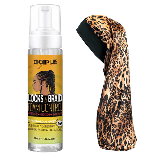 Braid Mousse Hair Braiding Mousse for Braids Twist, Locs, No Flake Extra Hold High Shine and Moisturizes, Frizz Control, High Shine, Lightweight Easy to Apply with Leopard Silky Du-rag 8.4 fl oz