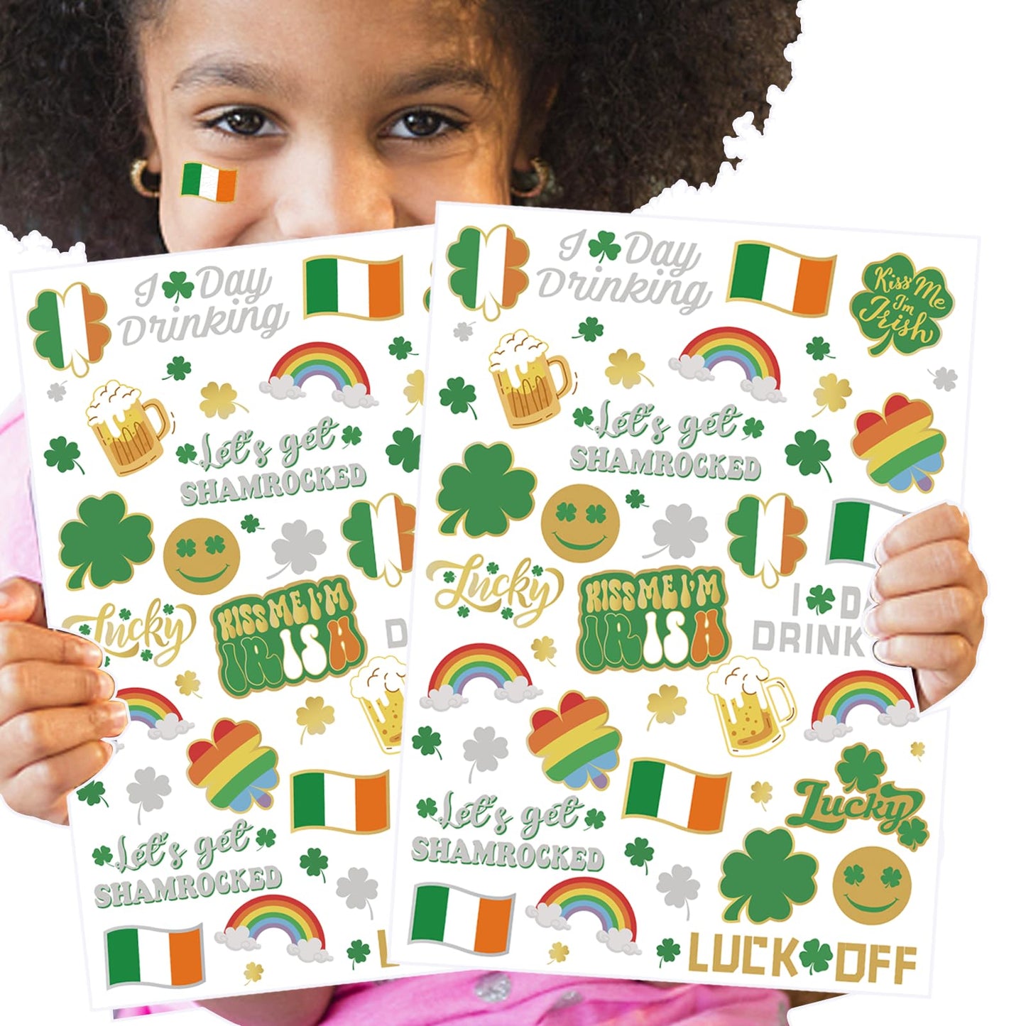 Ovasorve St Patricks Day Temporary Tattoos 56 Glitter Styles Shamrock Suppiles Kiss Me I'm Irish Party Favor St Patty's Day Accessories
