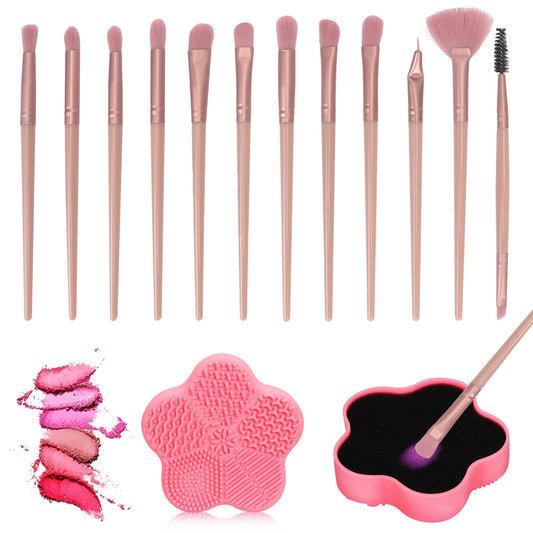Unaone 12PCS Eye Makeup Brushes Set, Professional Eyeshadow Brushes Set, Premium Synthetic Foundation Brush Blending Brush with 1 Wet & Dry Makeup Brush Cleaning Mat for Eyeshadow, Eyebrow (Pink)