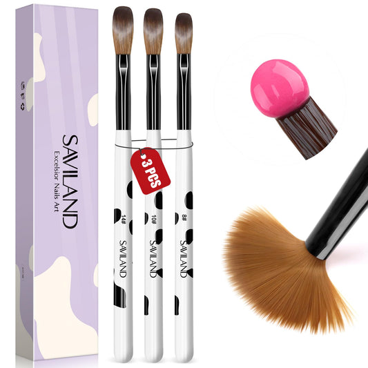Saviland 3pcs Acrylic Nail Brush Set, Size 8/10/14 Kolinsky Acrylic Nail Brushes for Acrylic Application, Acrylic Powder Nail Art Extension with Black & White Handle for Beginner & Professional
