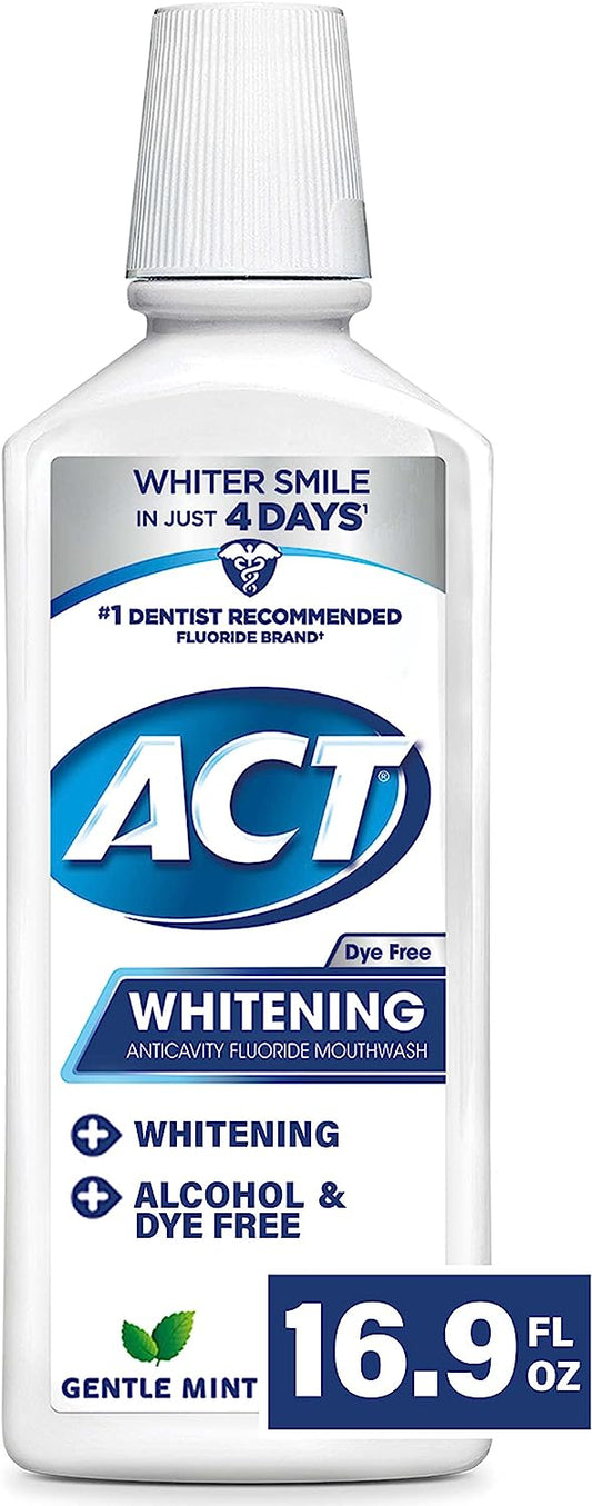ACT Whitening + Anticavity Fluoride Mouthwash 16.9 fl. oz. With Zero Alcohol, Dye Free, Gentle Mint