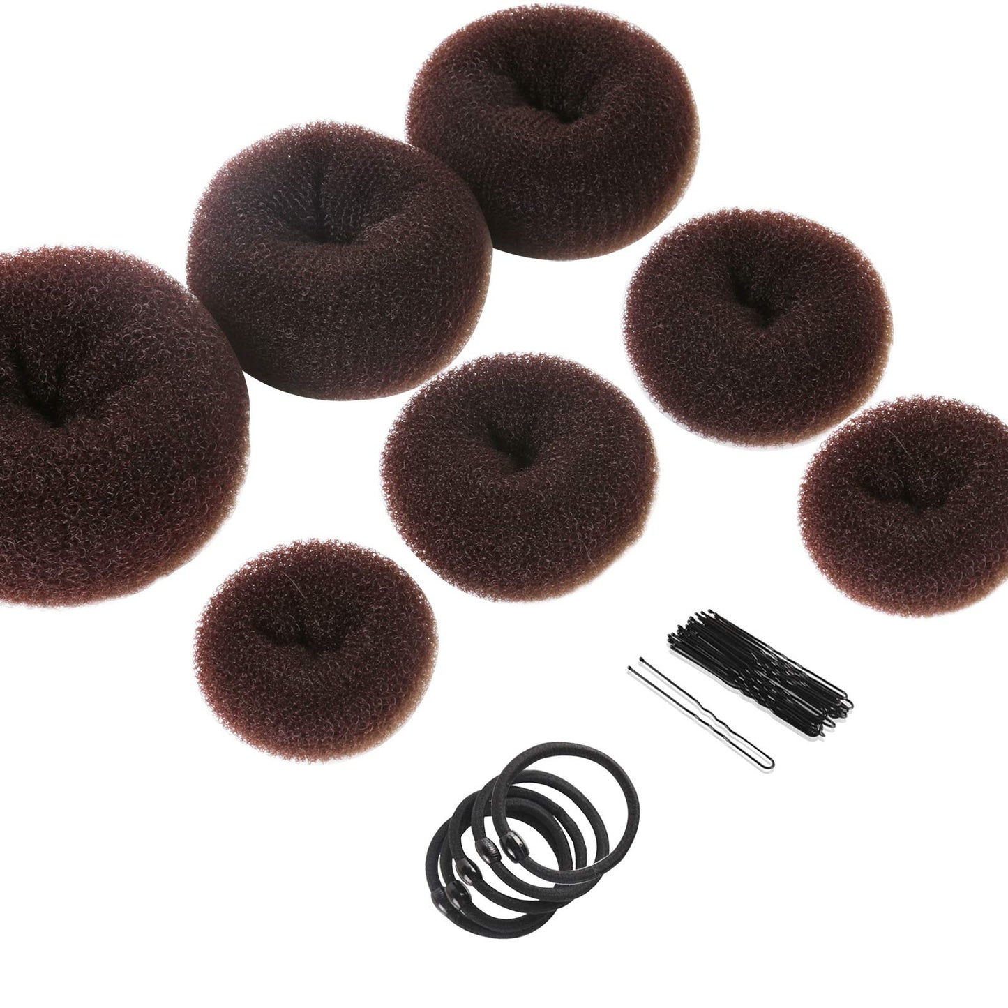 Teenitor Donut Hair Bun Maker 7 Pieces,Ring Style Bun Maker Set with Hair Bun Makers (1 extra-large, 2 large, 2 medium and 2 small), 5 pieces Hair Elastic Bands, 20 pieces Hair Pins, Dark Brown