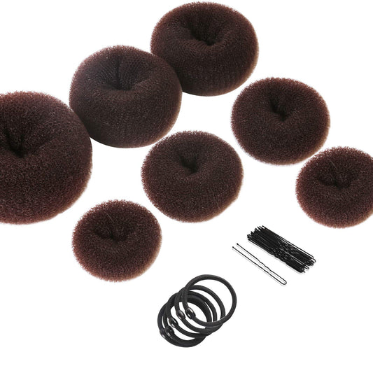 Teenitor Donut Hair Bun Maker 7 Pieces,Ring Style Bun Maker Set with Hair Bun Makers (1 extra-large, 2 large, 2 medium and 2 small), 5 pieces Hair Elastic Bands, 20 pieces Hair Pins, Dark Brown