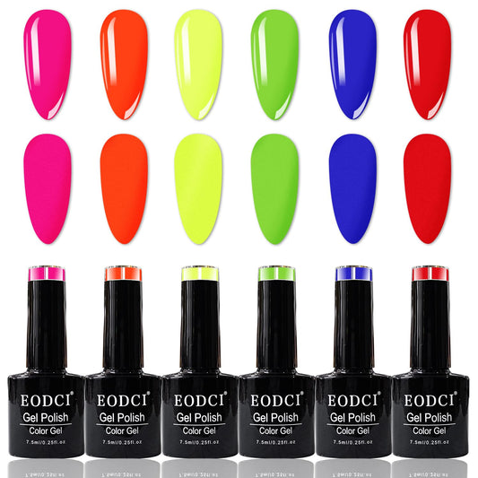 eodci Neon Gel Nail Polish Set, Summer Bright 6 Colors Hot Pink Green Navy Blue Red Orange Yellow Nail Gel Kit Soak Off Nail Art Design Manicure DIY at Home Salon Gifts for Women