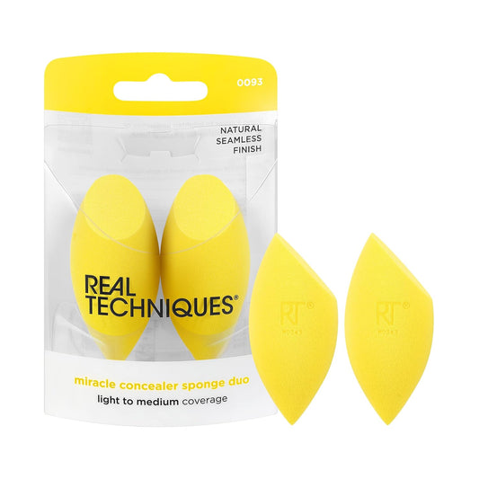 Real Techniques Miracle Concealer Sponge, Makeup Blending Sponge For Liquid & Cream Concealer, Elongated Shape For Precise Application Under Eyes & Tight Areas, Yellow Sponge, Latex-Free Foam, 2 Count