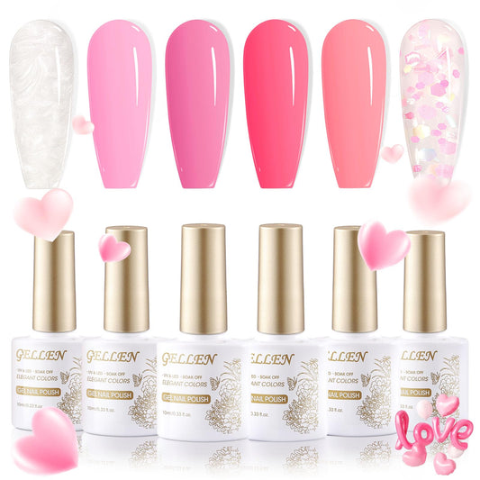 Gellen Pink Gel Nail Polish Set 6 Colors 10ML, Hot Pink Tones Magenta Sakura Soft Pink Gel Polish Soak Off Nail Art Gel Polish Manicure Kit Valentines Gifts for Women Girls