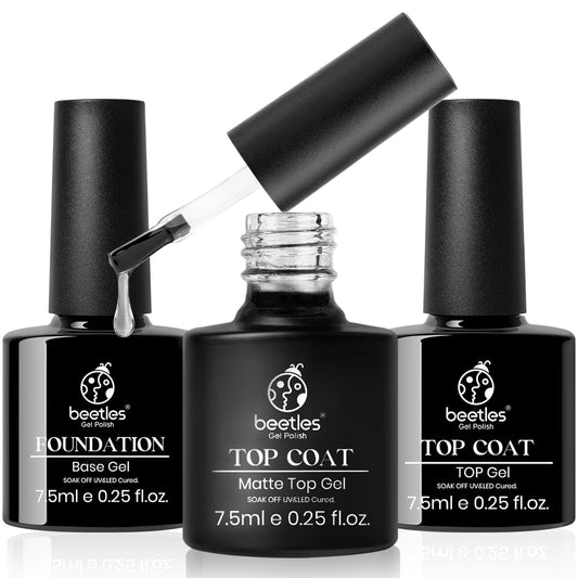 Beetles Gel Top Coat Base Coat Set for Gel Nail Polish, 3Pcs No Wipe Base Gel Matte & Shiny Top Coat, Long Lasting High Gloss and Matte EffectsSoak off Uv Led Gel DIY at Home