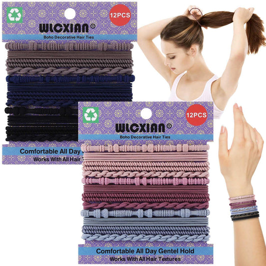 24 PCS Boho Hair Ties for Women, 6 Gothic Colors Decorative Hair Tie Bracelet for Thick or Thin Hair, 4 Styles 2.36'' Cute Hair Bands for Ponytail Holders, No Damage Elastic Hair Ties for Girls