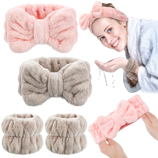 Chuangdi 4 Pcs Spa Headband Wrist Washband Scrunchies Cuffs for Washing Face, Towel Wristbands Hair Headband Face Wash Wristband for Women Girls Makeup Prevent Liquids from Spilling (Pink, Khaki)