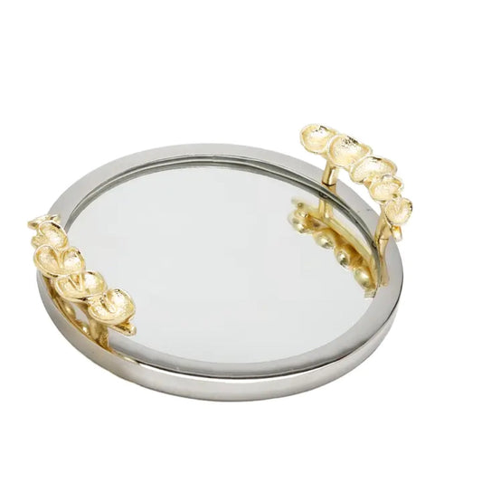 Decorative Mirror Tray with Gold Petal Handle Details (2 Sizes)