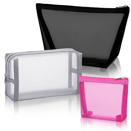 3 Pieces Mesh Cosmetic Bag Mesh Makeup Bags Mesh Zipper Pouch for Offices Travel Accessories, 3 Sizes (Black, Gray, Rose Red)