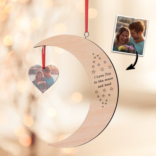 Custom Engraved Photo Heart Shaped Moon Pendant Adorns Christmas Tree Gifts