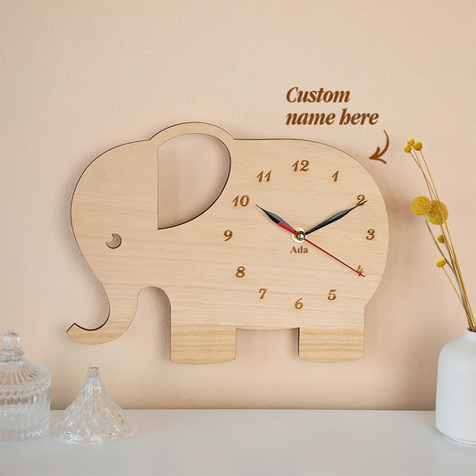 Custom Engraved Wooden Elephant Clock Decor Children's Room Wall Clock