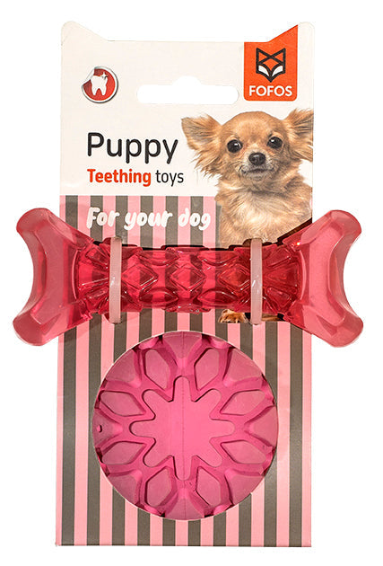 Fofos Shiny Bone & Squeaky Ball Rubber Puppy Teething Dog Toys - Pink & Blue - Aura In Pink Inc.