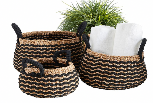 Black Stripe Round Basket W/ Handles  (Large )