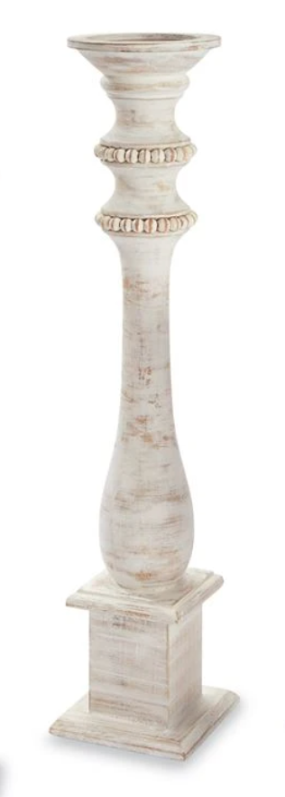White-washed Beaded Wood Candlestick (Large )