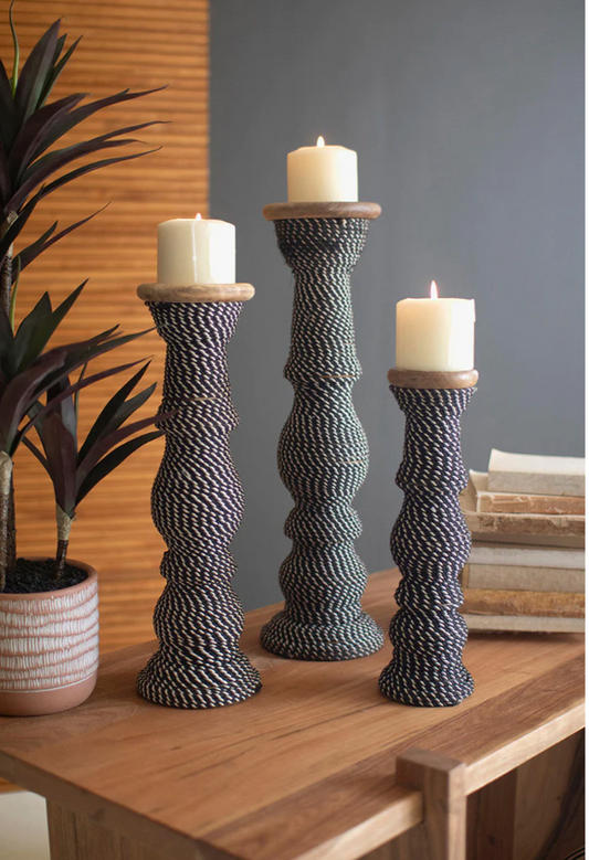 Wooden Candle Holders w/ Black and White Cord