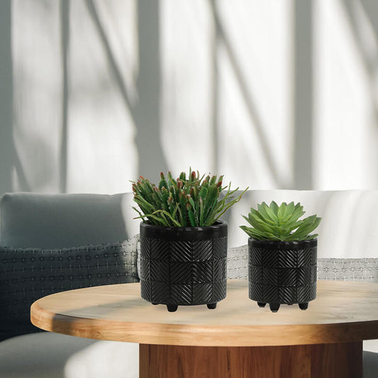 6/8" Shiny Black Ceramic Textured Plant Stands - Set of 2