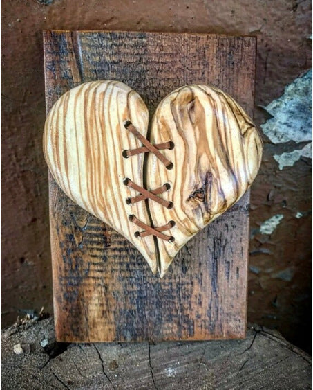 Wood Broken Heart Sculpture Leather Stitched Sculpture Wall Decor