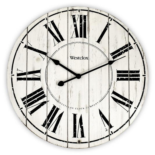 18" White Washed Wood Analog QA Wall Clock with Distressed Finish