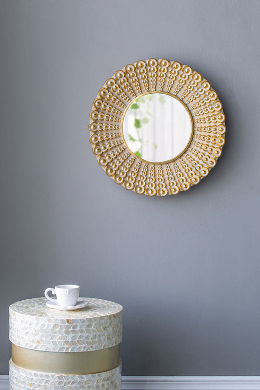 14" Gold Beaded Sunburst Mirror, Round Accent Wall Mirror - Home Decor by Design