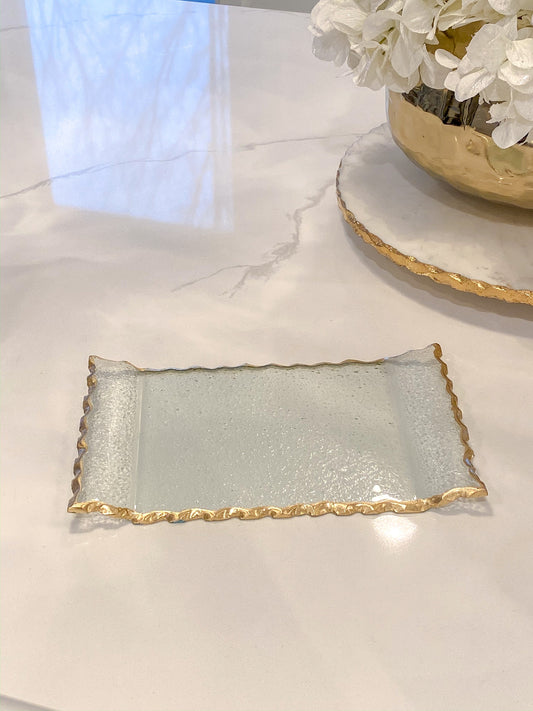 Clear Glass Oblong Tray with Gold Edge