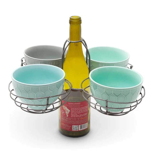 Quad Basket Bottle Topper with 4 Hex Pattern Stoneware Bowls
