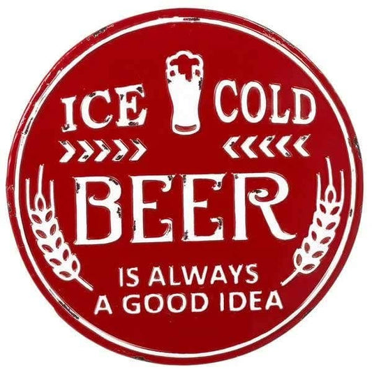 Red and White Enameled Round "Ice Cold Beer" Wall Sign